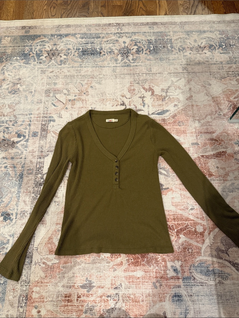 Faherty Olive Ribbed V-Neck Henley Long Sleeve